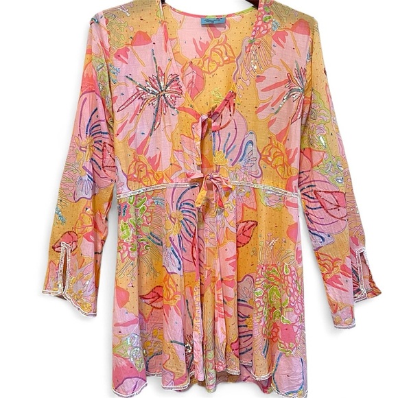 Letarte Other - LeTarte embelished tropical swim cover cardigan top, cotton, pastel colors, S/M